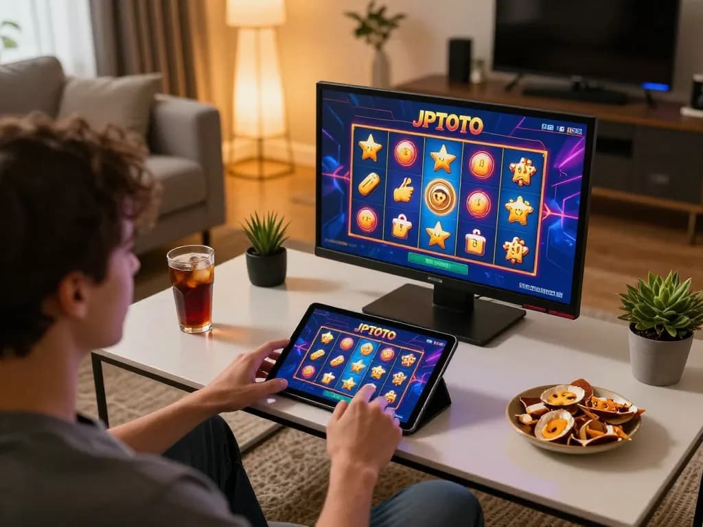 Player enjoying a thrilling JPTOTO gaming session on a tablet in a cozy living room.