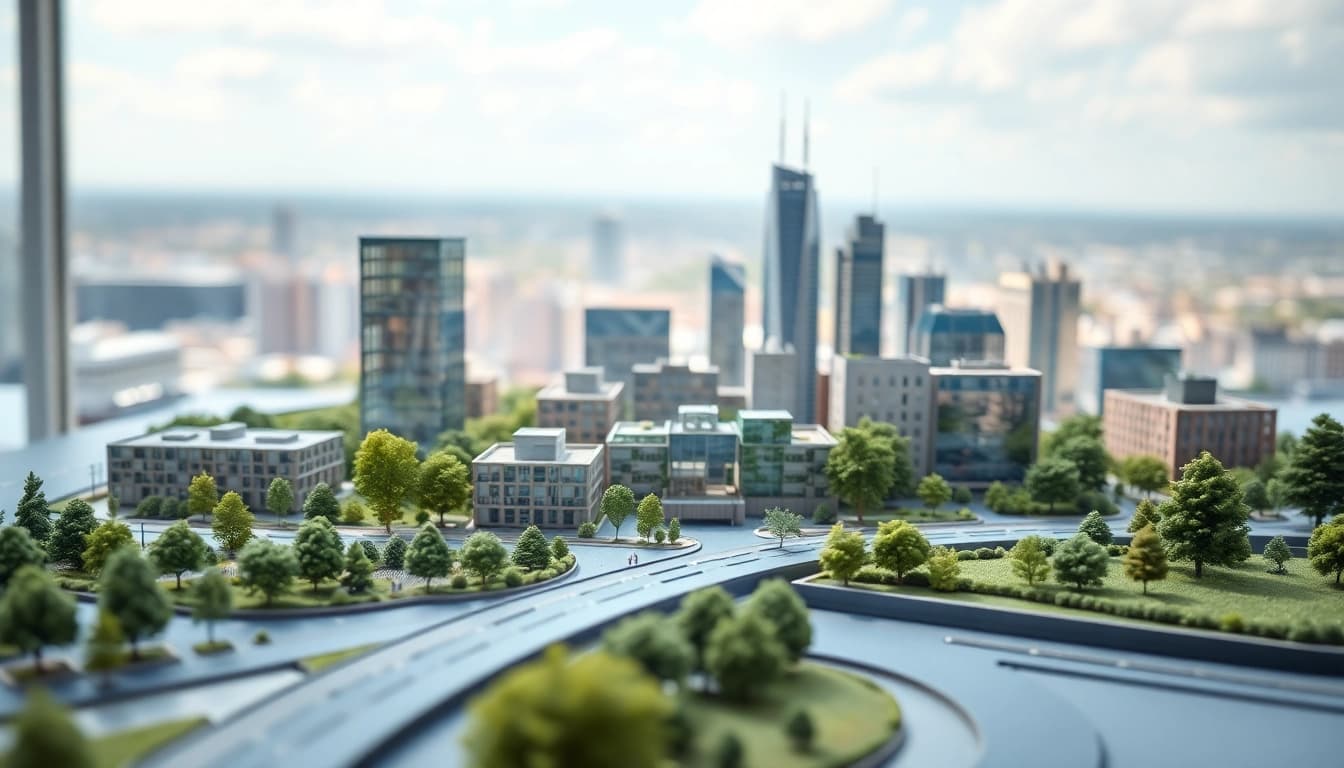 Architekturmodellbau Stuttgart zeigt ein detailliertes Modell einer modernen Skyline im urbanen Umfeld.