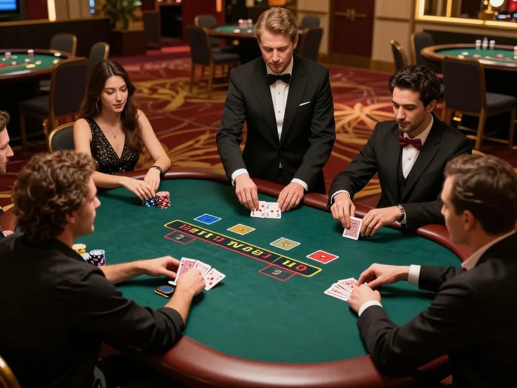 manclub poker table scene with players strategizing their bets in an upscale casino