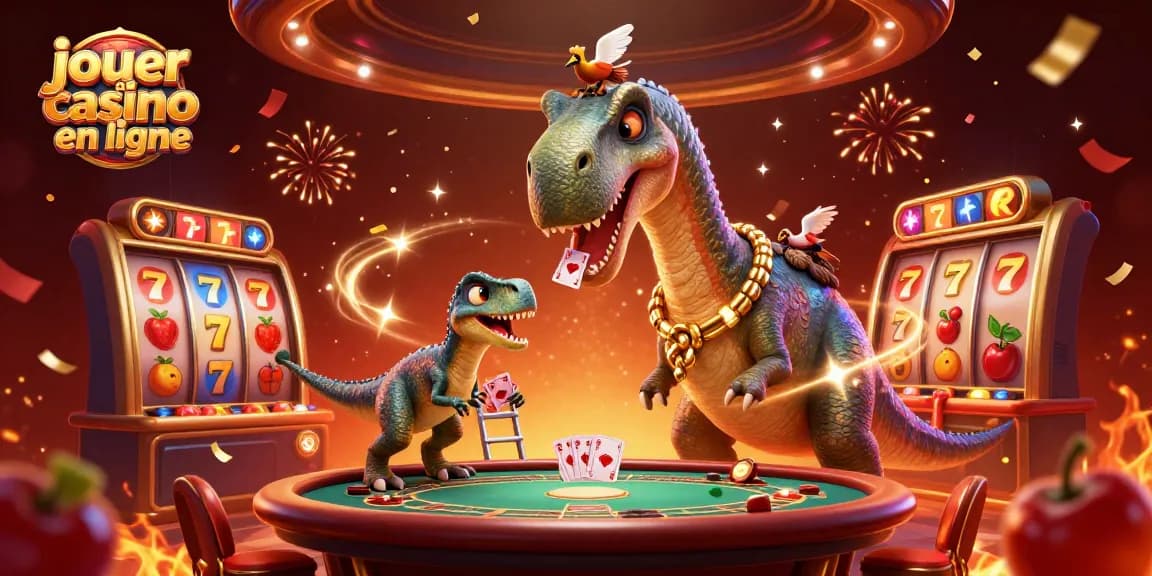 Jouer au casino en ligne avec des jeux animés, un brontosaurus et des rouleaux de machines à sous.