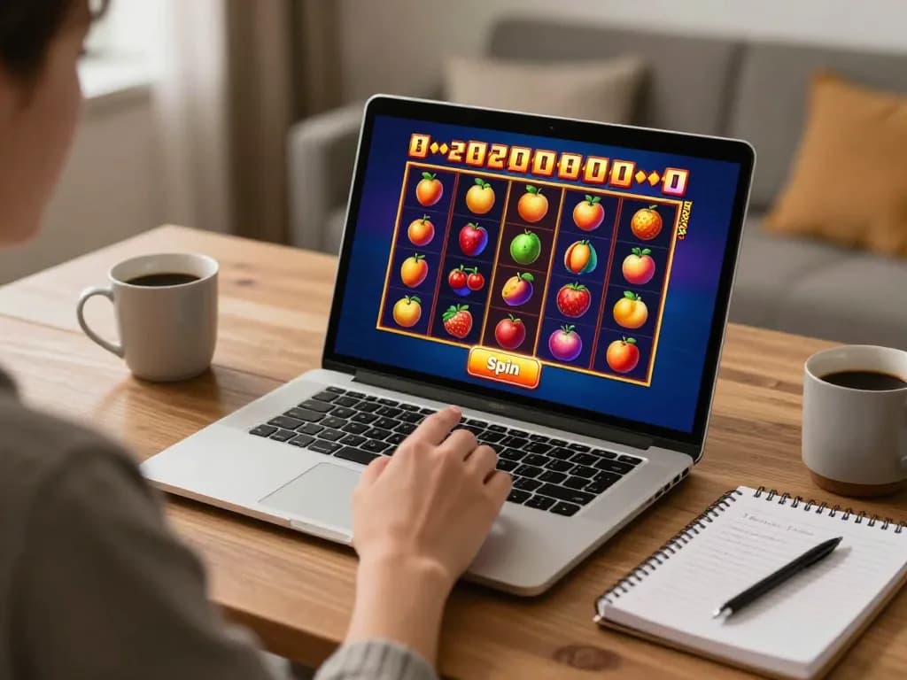 Engaging slot deposit 1000 gaming session on a laptop at home, capturing excitement and strategies.
