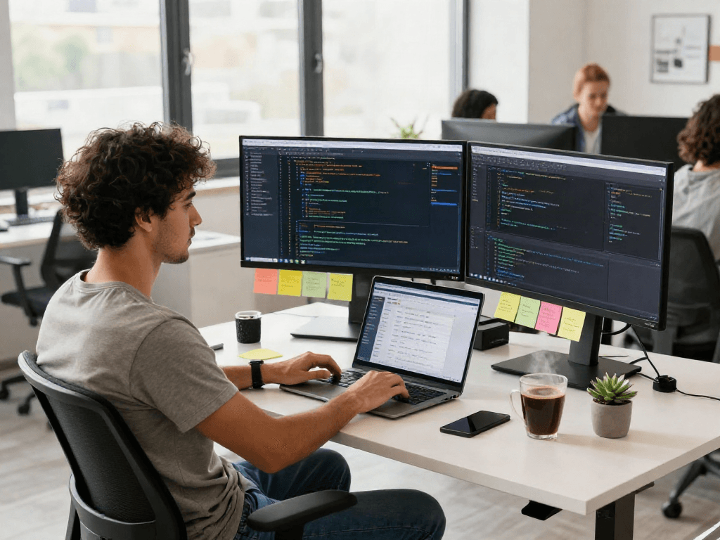 Developer coding and collaborating in a bright workspace with bro138 link visible on screen, showcasing a modern tech environment.