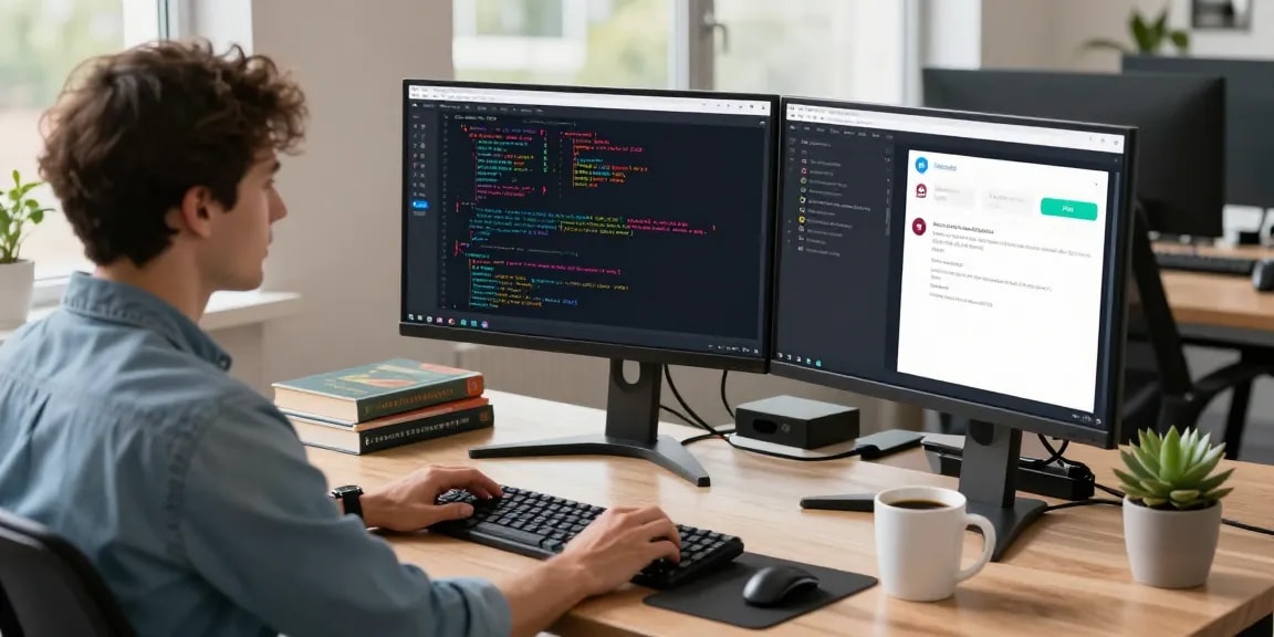 Developer using telegram中文版 on dual monitors in a modern workspace with vibrant decor.