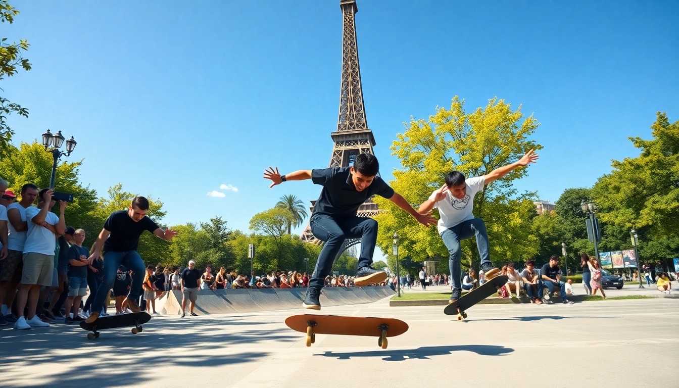 Des jeunes en train de s'entraîner lors d'un stage de skate paris au parc avec des figures acrobatiques.