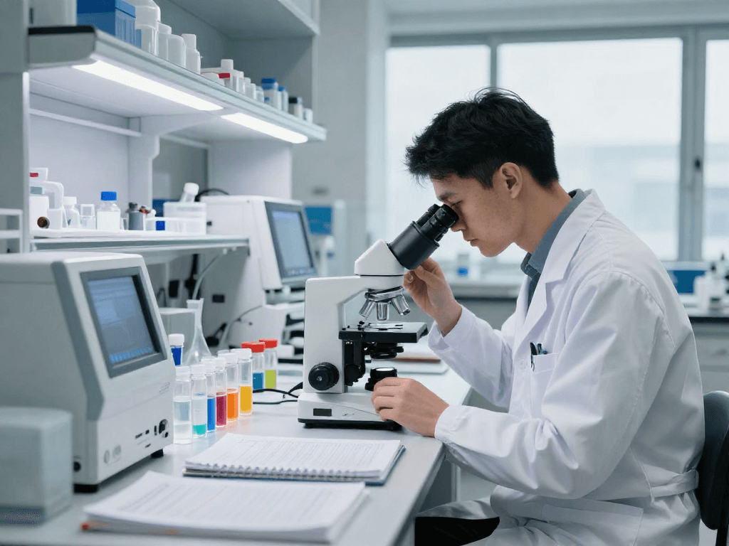 Laboratory research peptides being analyzed under microscope by a chemist in a sterile lab environment.