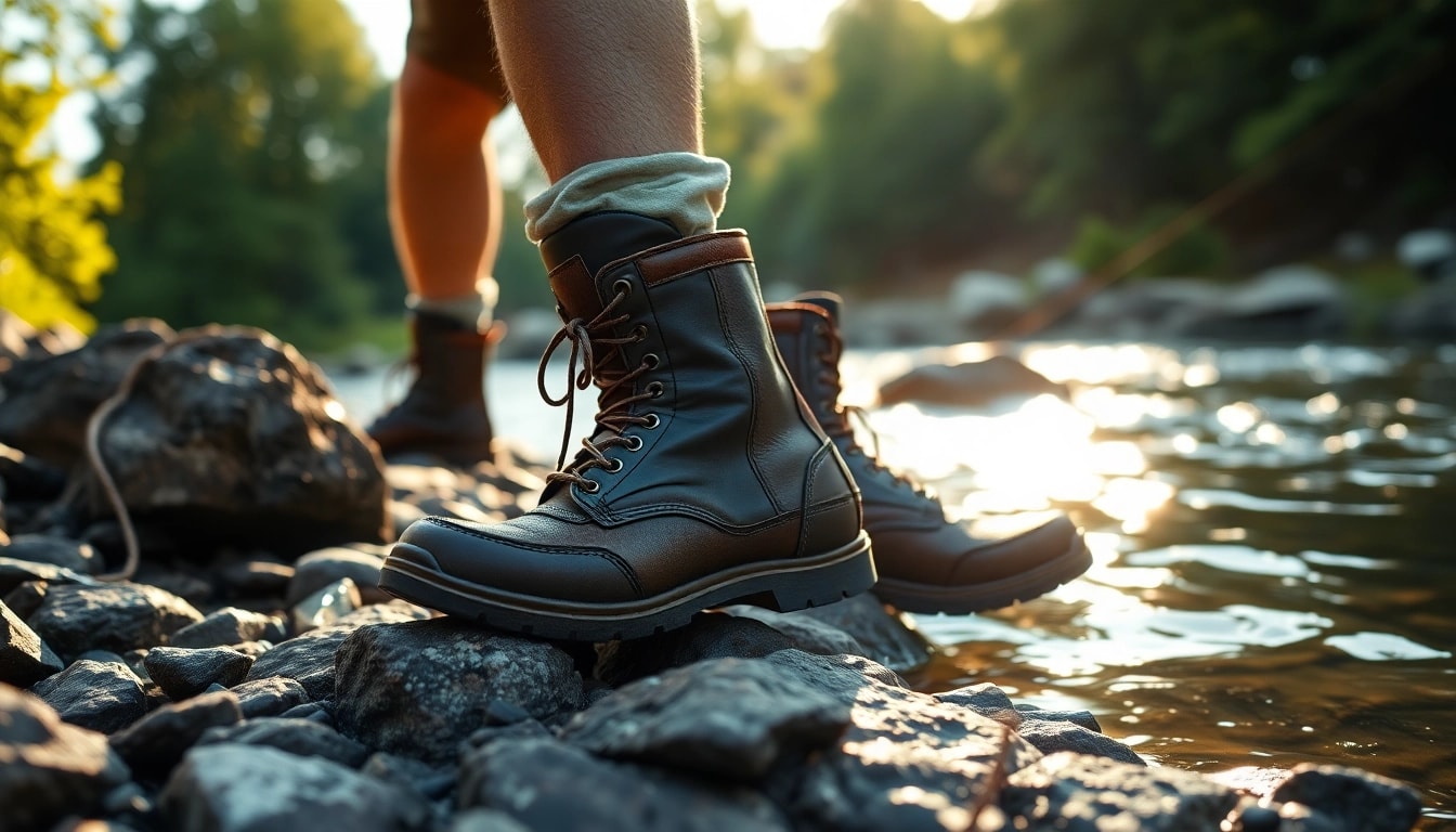 Enhance your fly fishing experience with durable and stylish fly fishing boots on a riverbank.