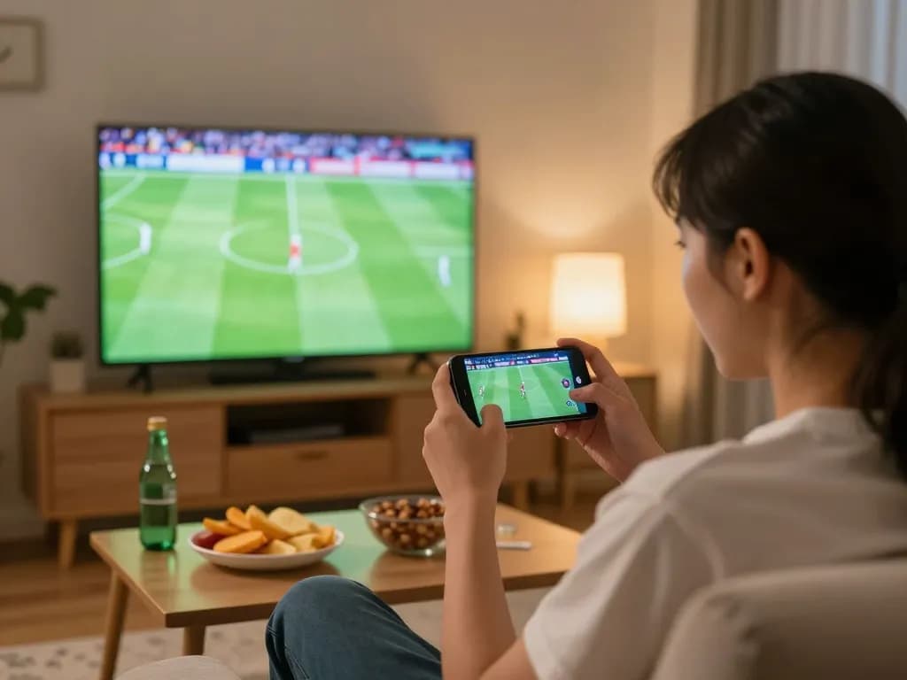 Bong Da Lu's live scores actively engaging sports fan on smartphone at home, enhancing sports experience.