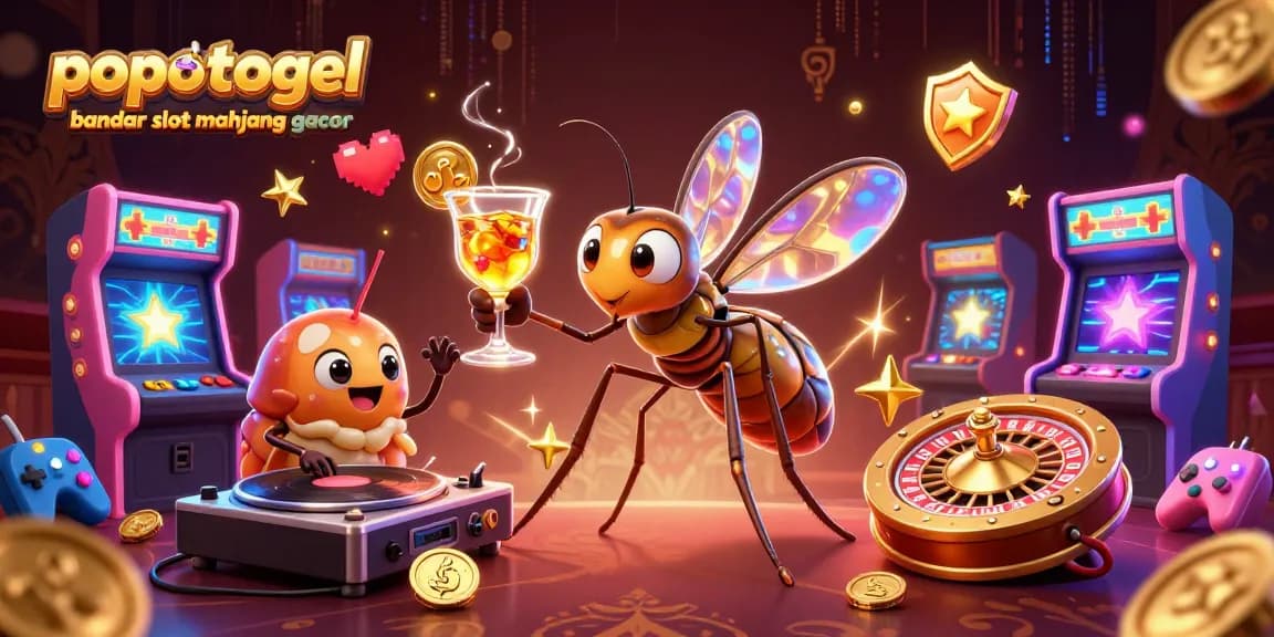 Engage with popotogel bandar slot mahjong gacor at a vibrant casino scene with animated characters and game elements.