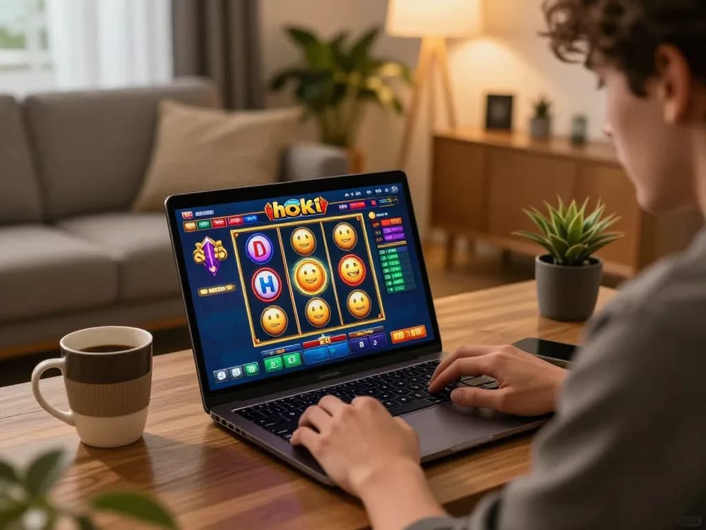 Engaging session of hoki slot gameplay on a laptop in a cozy home setting with detailed interface.