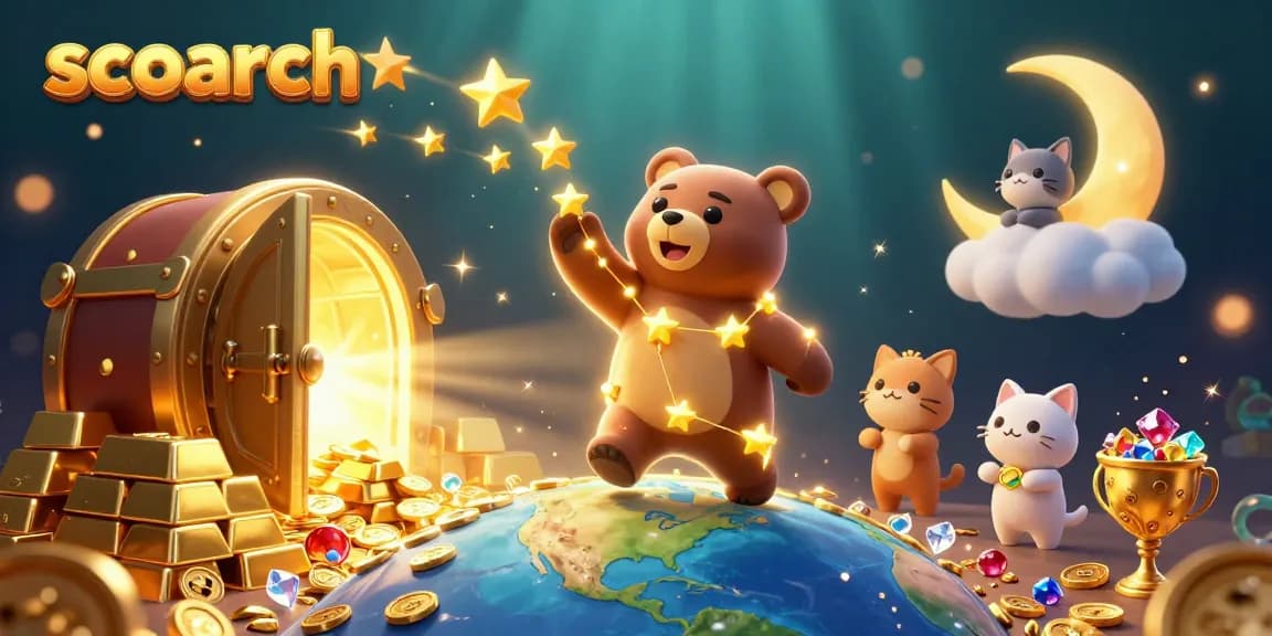 Scoarch showcases an enchanting casino scene with a constellation bear scooping coins amidst golden treasures.