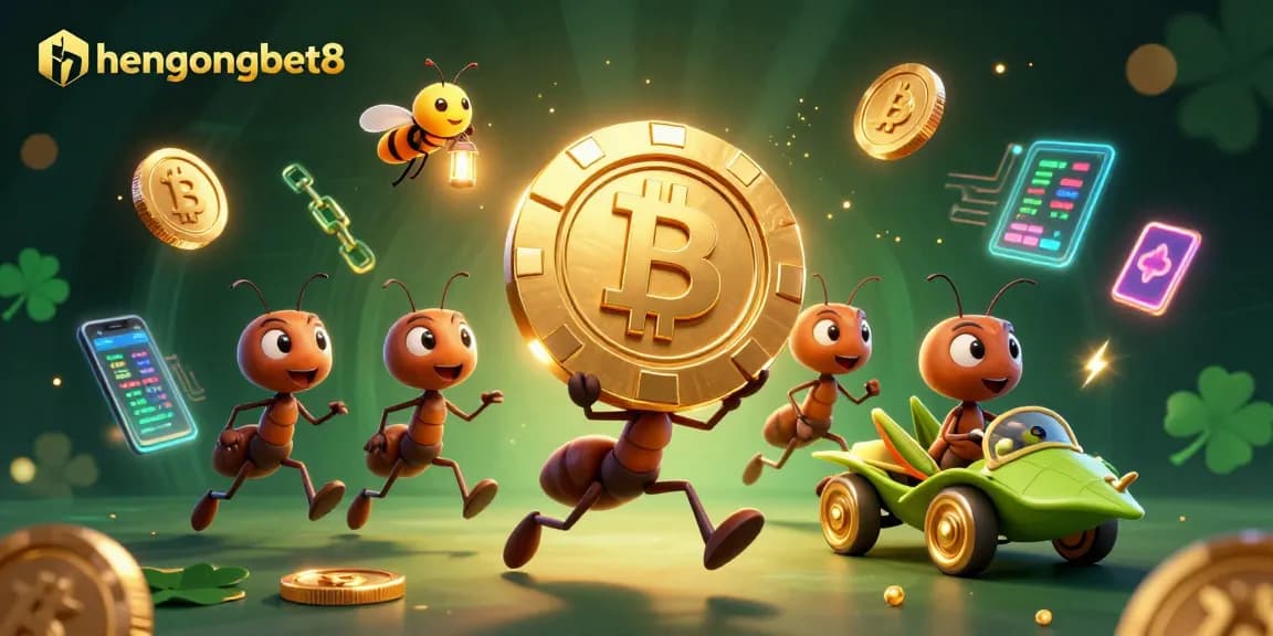 Join the fun at hengongbet8 with a team of cartoon ants stealing a giant poker chip in a vibrant casino atmosphere.