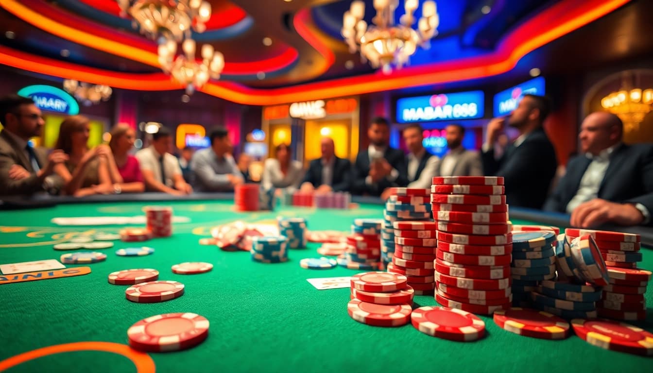 Gambarkan MABAR88 saat bermain poker di kasino dengan suasana yang energik.