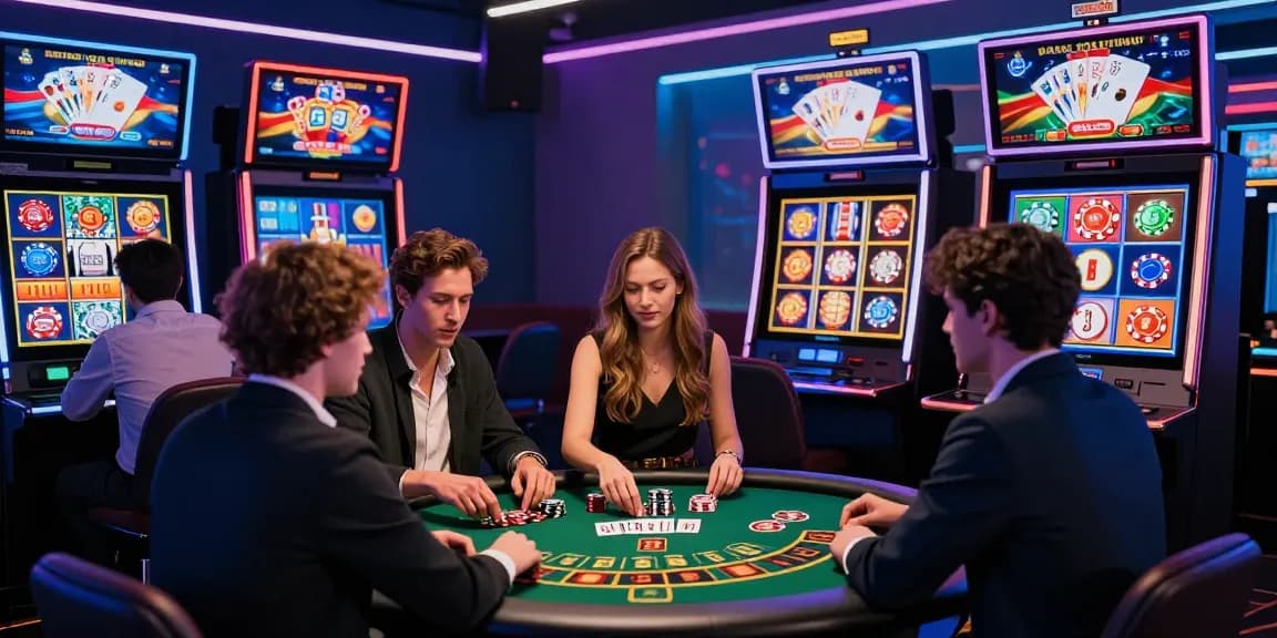 Des joueurs captivés profitant de divers jeux tout en jouant au casino en ligne, dans une ambiance de casino en ligne dynamique.