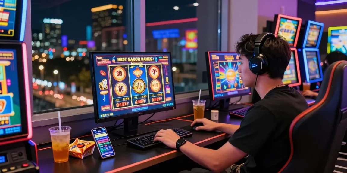 Engaging gaming environment showcasing slot gacor excitement with player, vibrant graphics, and city lights.