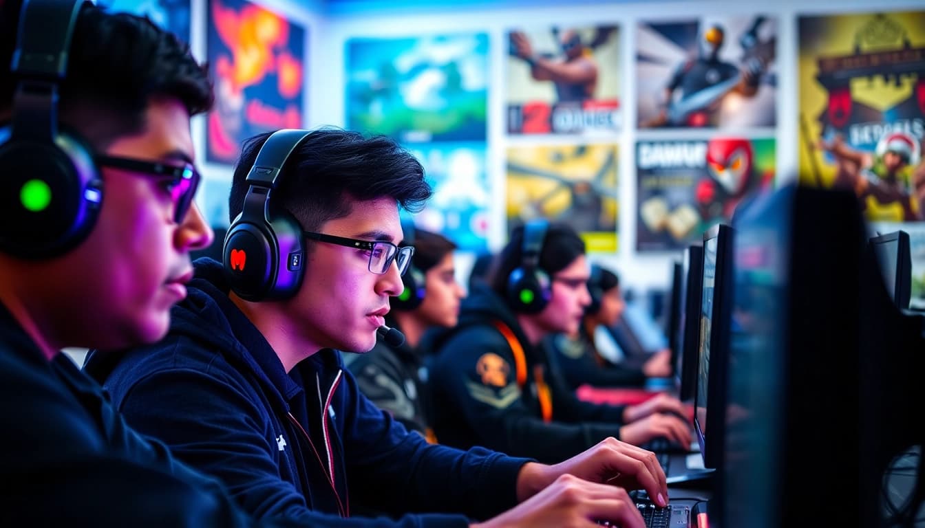 Players intensely competing in daman games at a vibrant gaming lounge.
