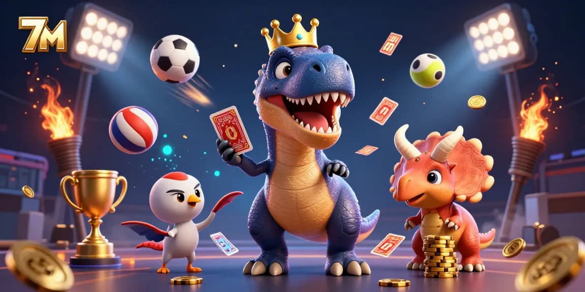 Experience the excitement of 7M with T-Rex trying to shuffle cards while sports elements fly around.