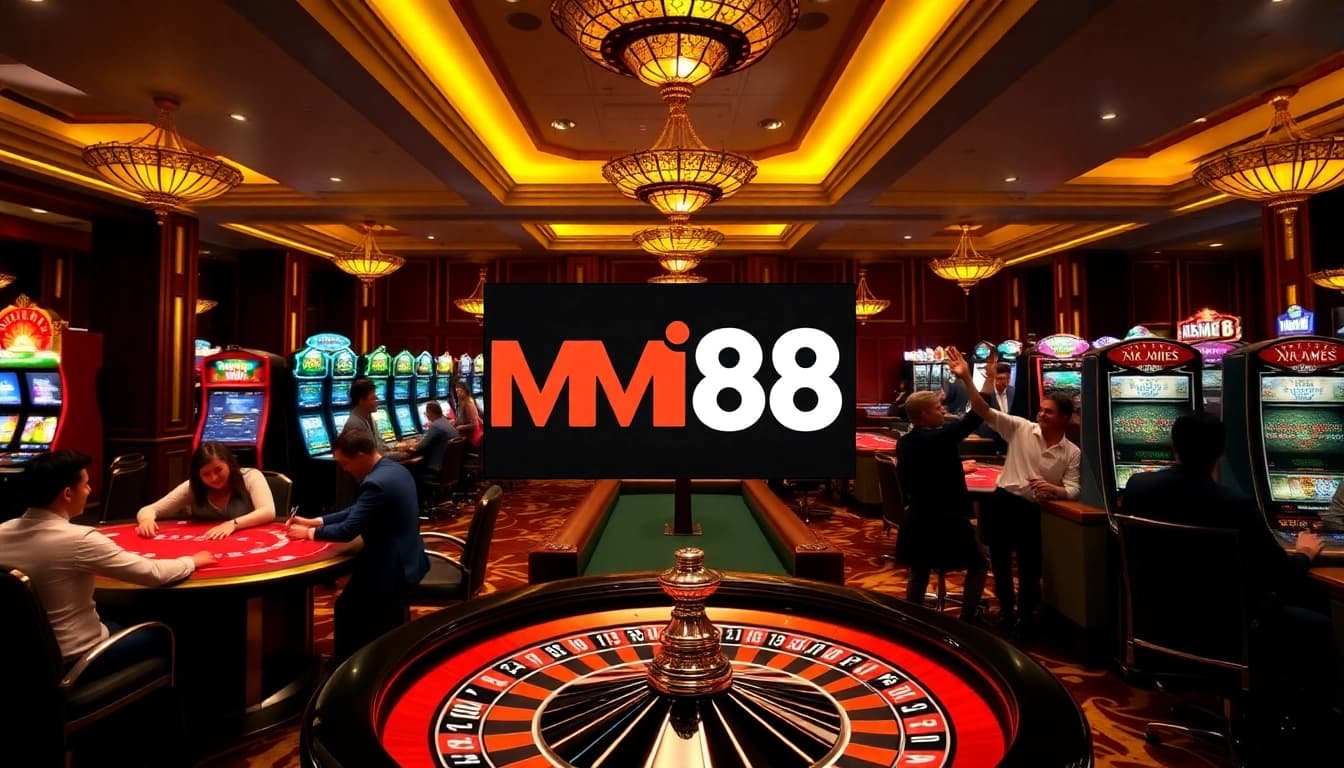 Experience high-stakes excitement with MM88 vin in a luxurious casino scene featuring roulette and poker.