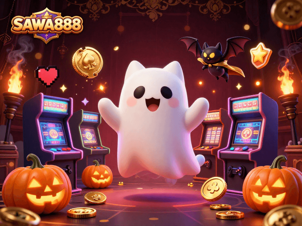 Experience the thrill of SAWA888 as the friendly ghost cat navigates a vibrant casino, surrounded by glowing game machines and playful jack-o-lanterns.