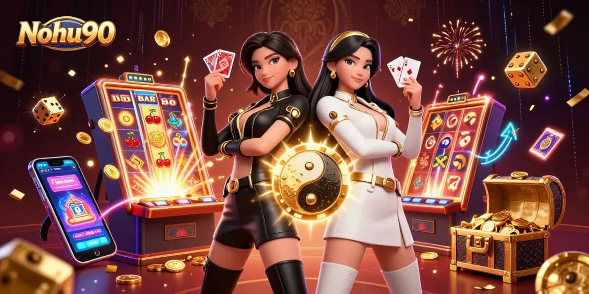 Nohu90 features stunning twin Asian women in casino attire, showcasing vibrant gambling elements and jackpot excitement.