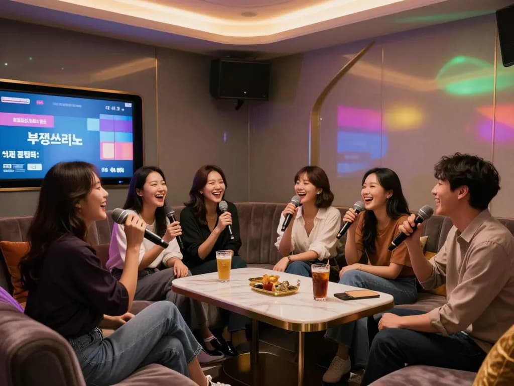 생생한 개인 방 환경에서 친구들과 함께 노래방을 즐기는 모습.