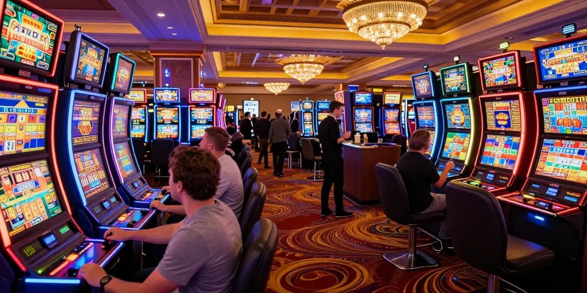 Players enjoying thrilling slots on a bustling casino floor illuminated by vibrant lights.