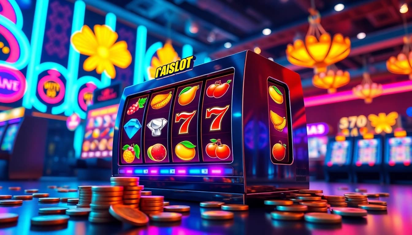 Engaging virtual atmosphere of Online slots Uk with vibrant slot games and neon lights.