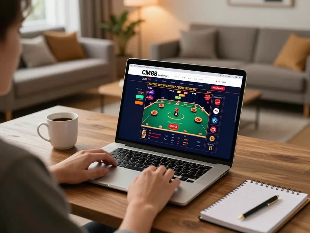 Engaged player betting on CM88 bookmaker at home using laptop for online Casino games