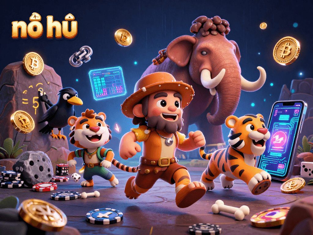 Experience exciting nổ hũ gameplay with a caveman and saber-tooth tiger in a colorful, prehistoric casino.