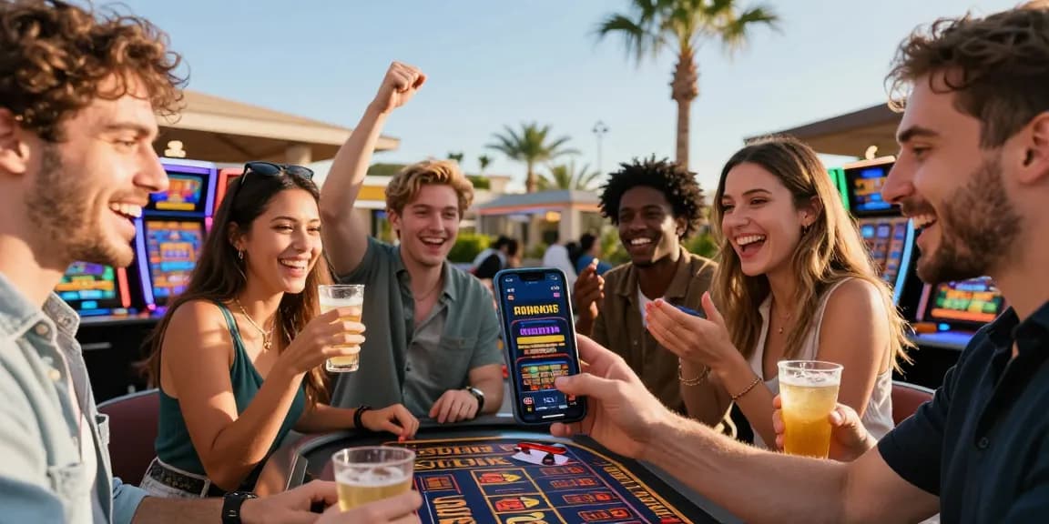 Friends enjoying themselves at a casino terrace while exploring casinos that accept credit cards, celebrating with drinks and laughter.
