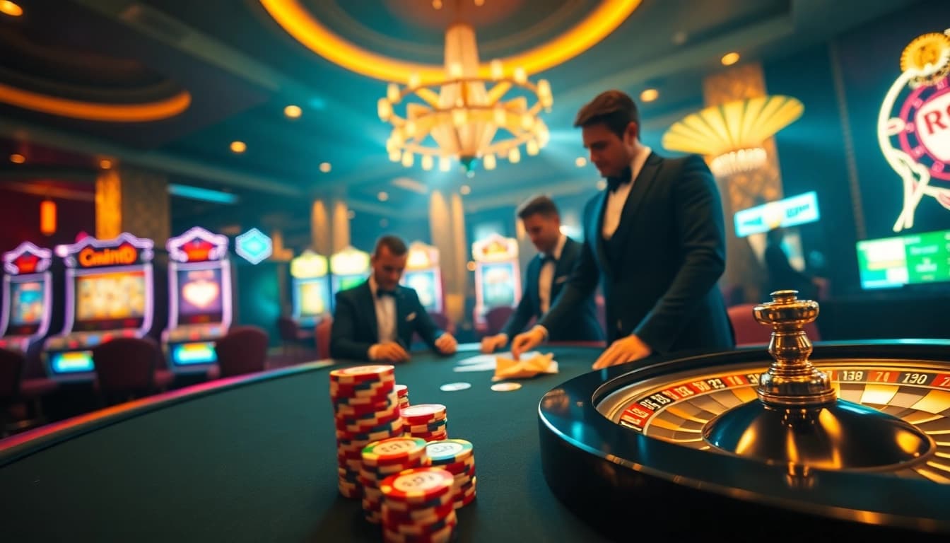 Engaging gaming scene at RR88 casino with vibrant poker chips, high-stakes poker, and roulette action.