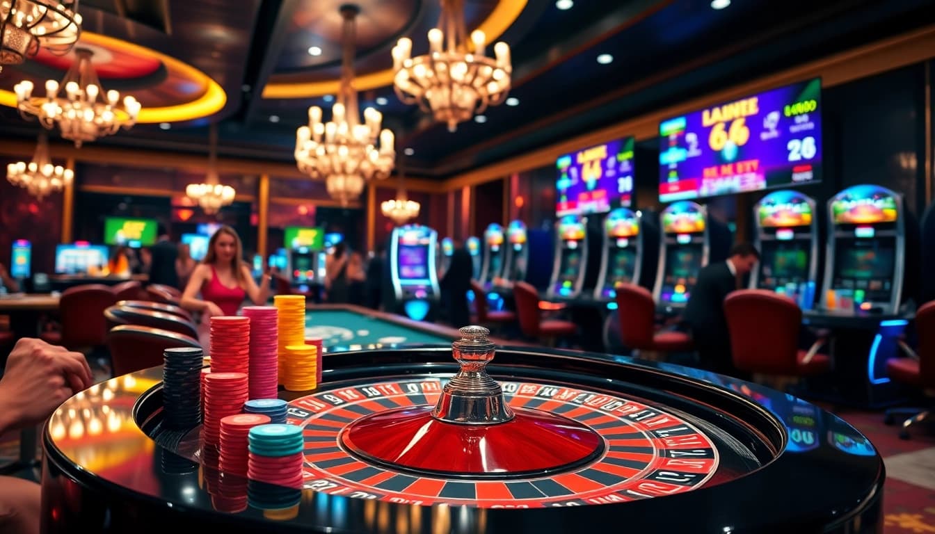 Exciting roulette table scene highlighting sbobet link alternatif with vibrant chips and eager players.