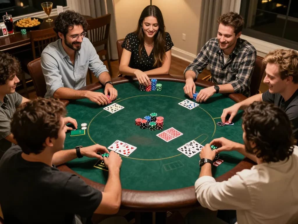 Players enjoy a lively game of poker at home, showcasing SC88 strategies and community engagement during a fun evening.