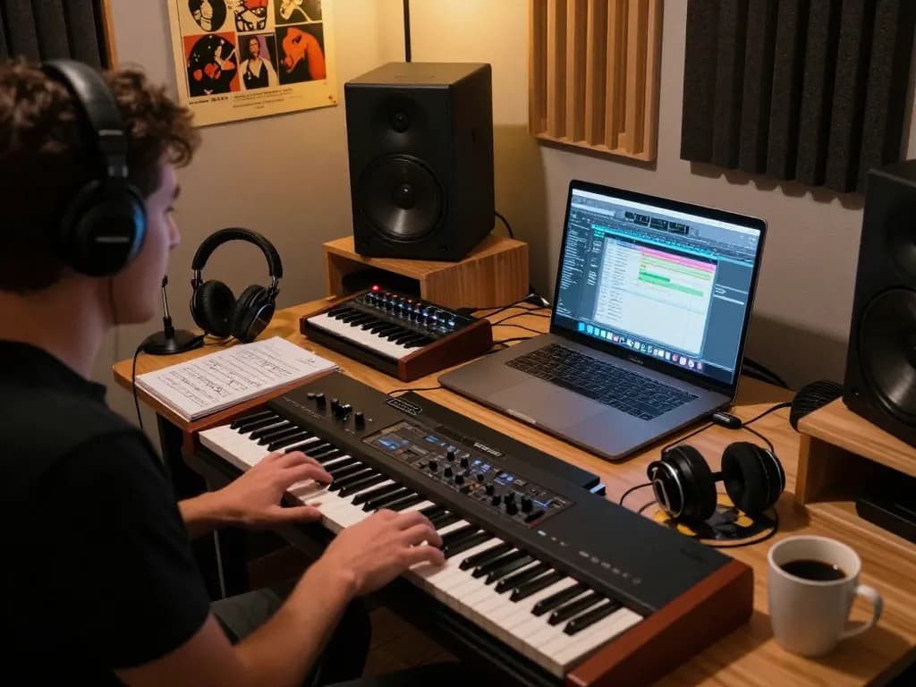 Musician using SC88 in a cozy home studio for music production.