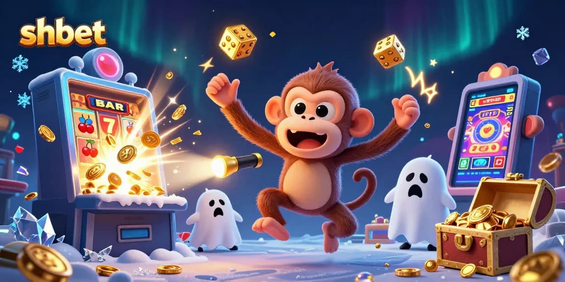 Experience shbet's excitement with a playful poltergeist monkey in a vibrant haunted casino scene.