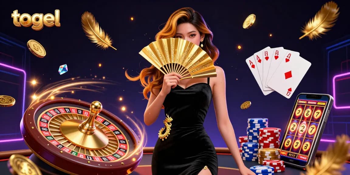 Engage in the world of togel with an elegant Asian woman adorned in a velvet dress amidst golden coins and vibrant casino elements.