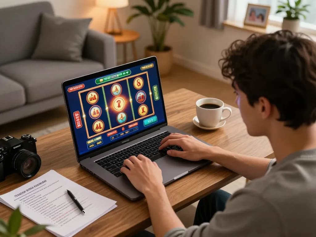 Engage with JPTOTO slots as a player strategizes in a cozy home environment, laptop screen showcasing vibrant gaming action.