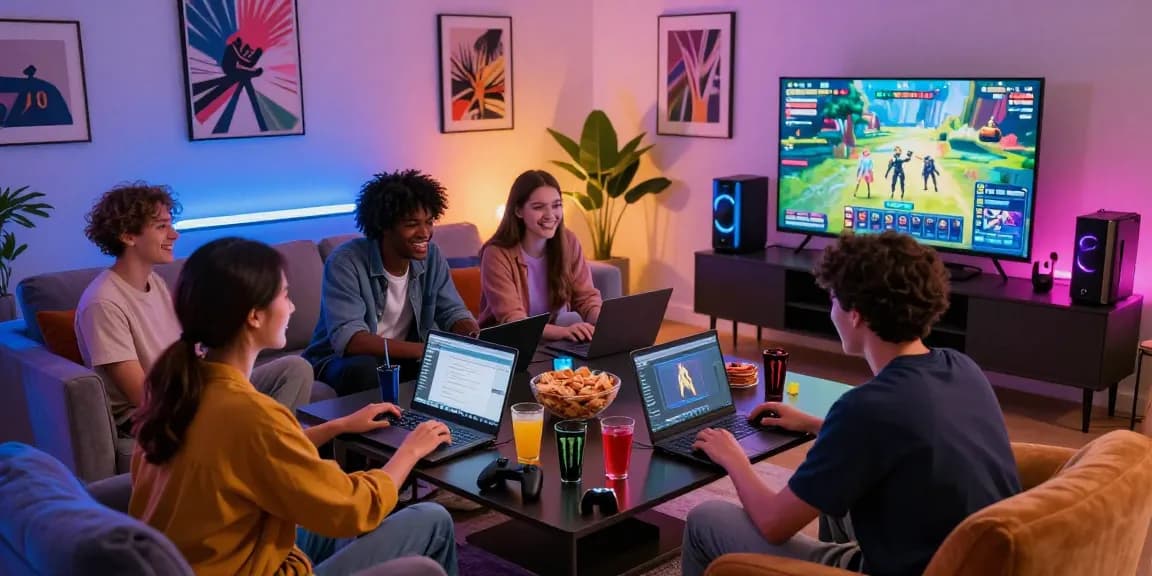 Friends enjoying gaming session using rokok88 platform with vibrant decor and snacks