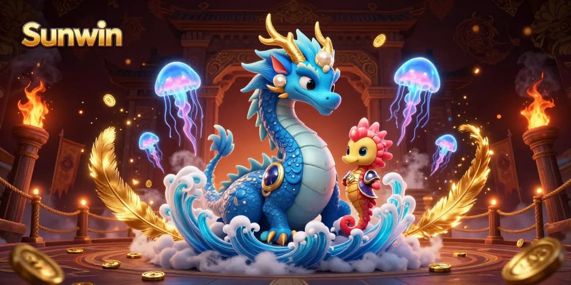 Join Sunwin's thrilling adventures with a majestic dragon and seahorse knight in a captivating casino battle.