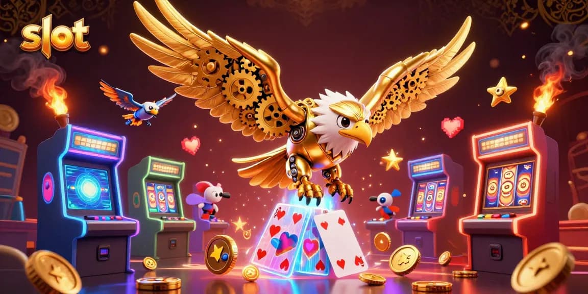 Spin exciting slot reels with a cybernetic eagle as it dives through glowing playing cards.