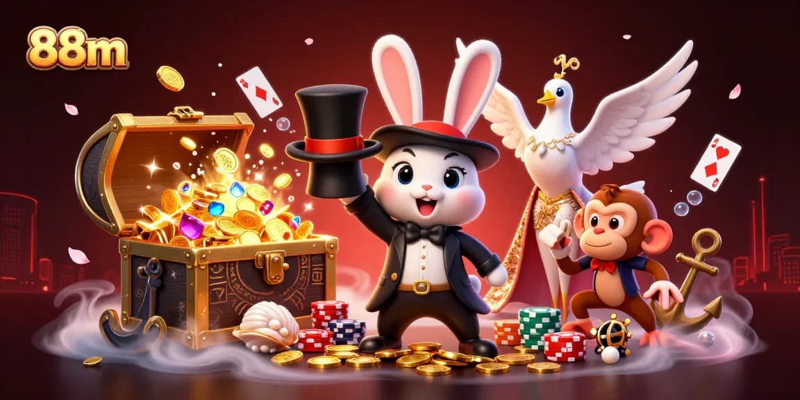 88m's thrilling casino scene with a magician rabbit, dove, and monkey amidst jewels and poker chips.