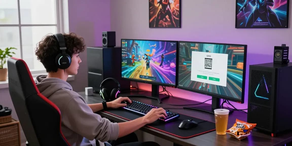Gambaran pemuda bermain game di ruang digital modern dengan pembayaran QRIS untuk https://www.soilwindowtreatments.com/accessibility di layar.