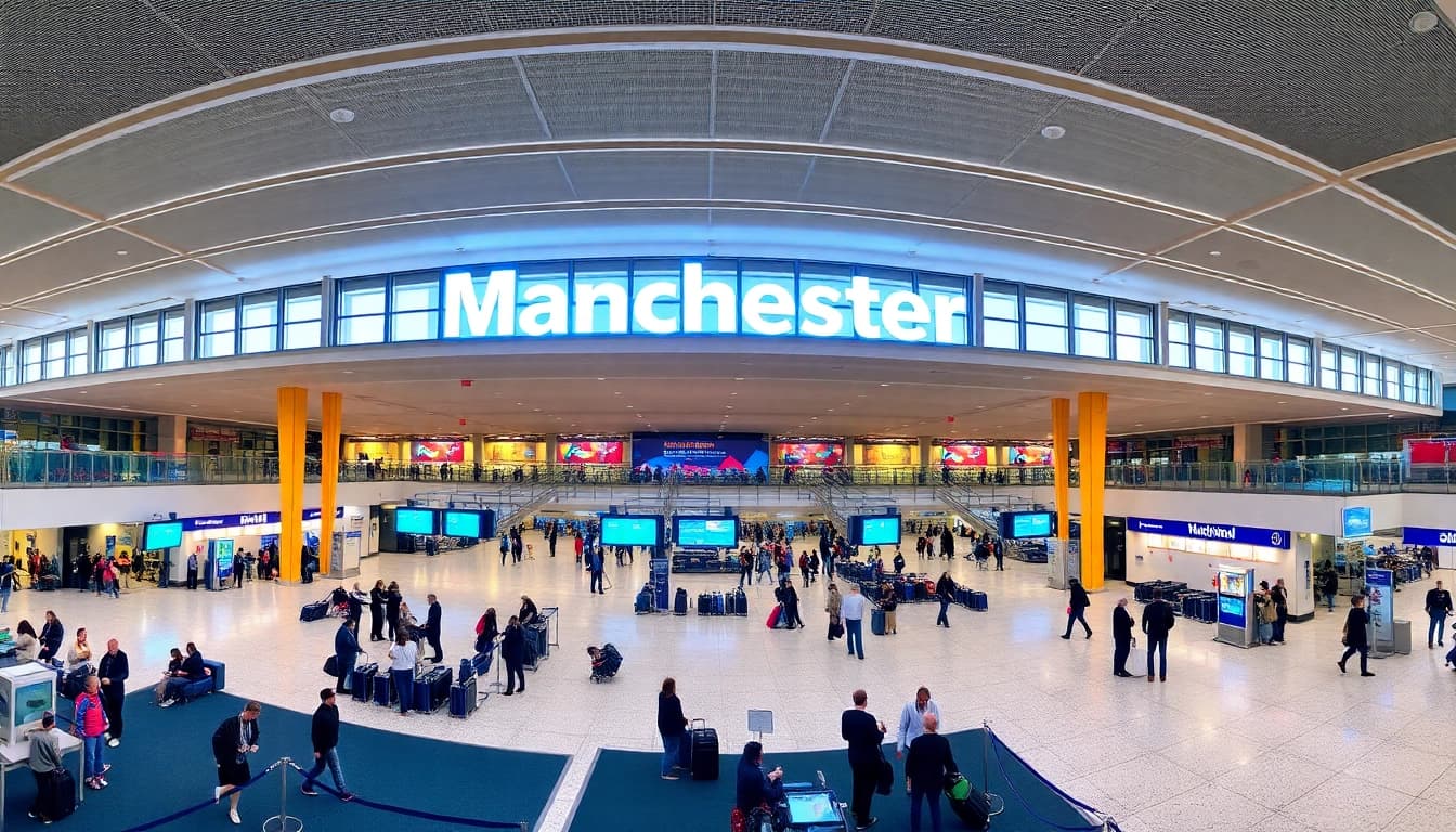 Manchester Airport bustling with travelers checking in and modern facilities.