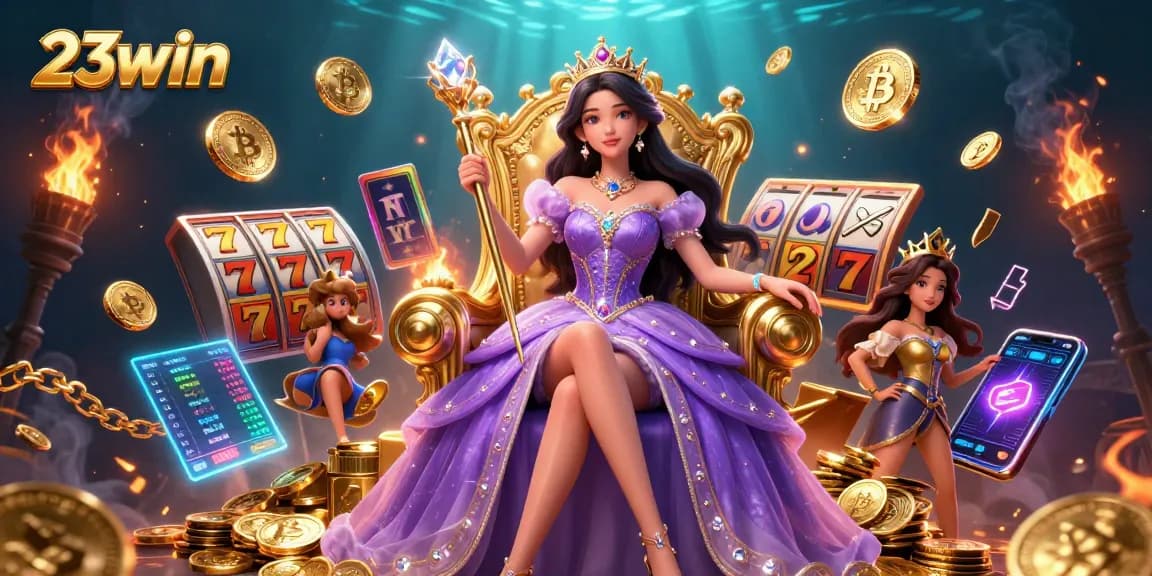 Experience the excitement of 23win with a glamorous casino scene featuring slots, jackpot elements, and crypto coins.