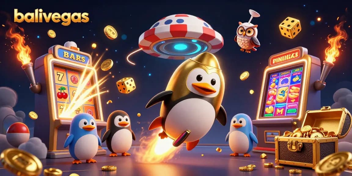Mainkan balivegas dengan penguin emas yang mengantarkan koin dalam ilustrasi kasino yang meriah.