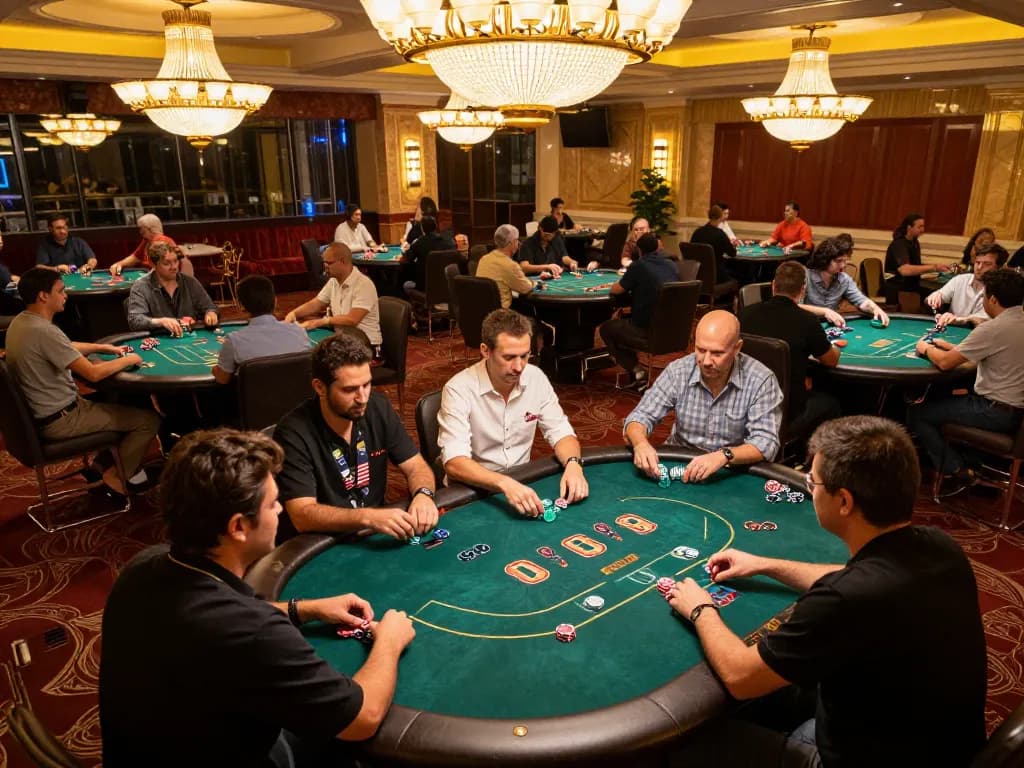 The tập đoàn ATQ promotes thrilling poker games in a luxurious casino environment with players engaged and vibrant decor.