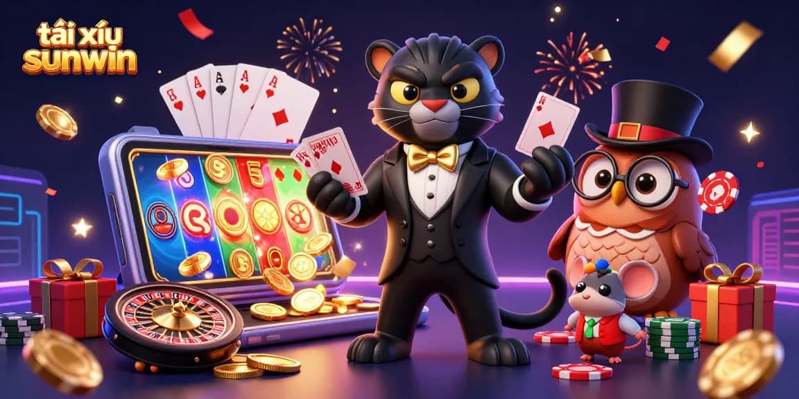 Engage with tài xỉu sunwin in a vibrant 3D casino scene featuring a black panther dealer and lucky characters.