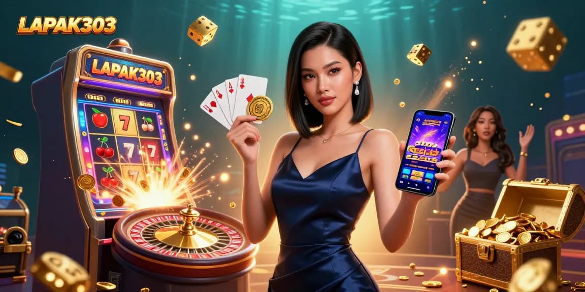 LAPAK303 features an elegant Asian woman with a casino app, golden chips, and a jackpot explosion in a dynamic scene.