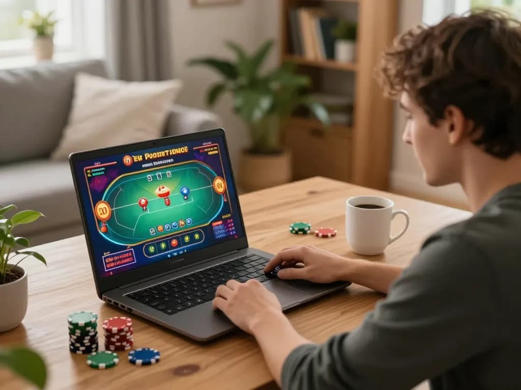 Engaging in online poker gameplay at 789win com with vibrant graphics and a cozy home atmosphere.