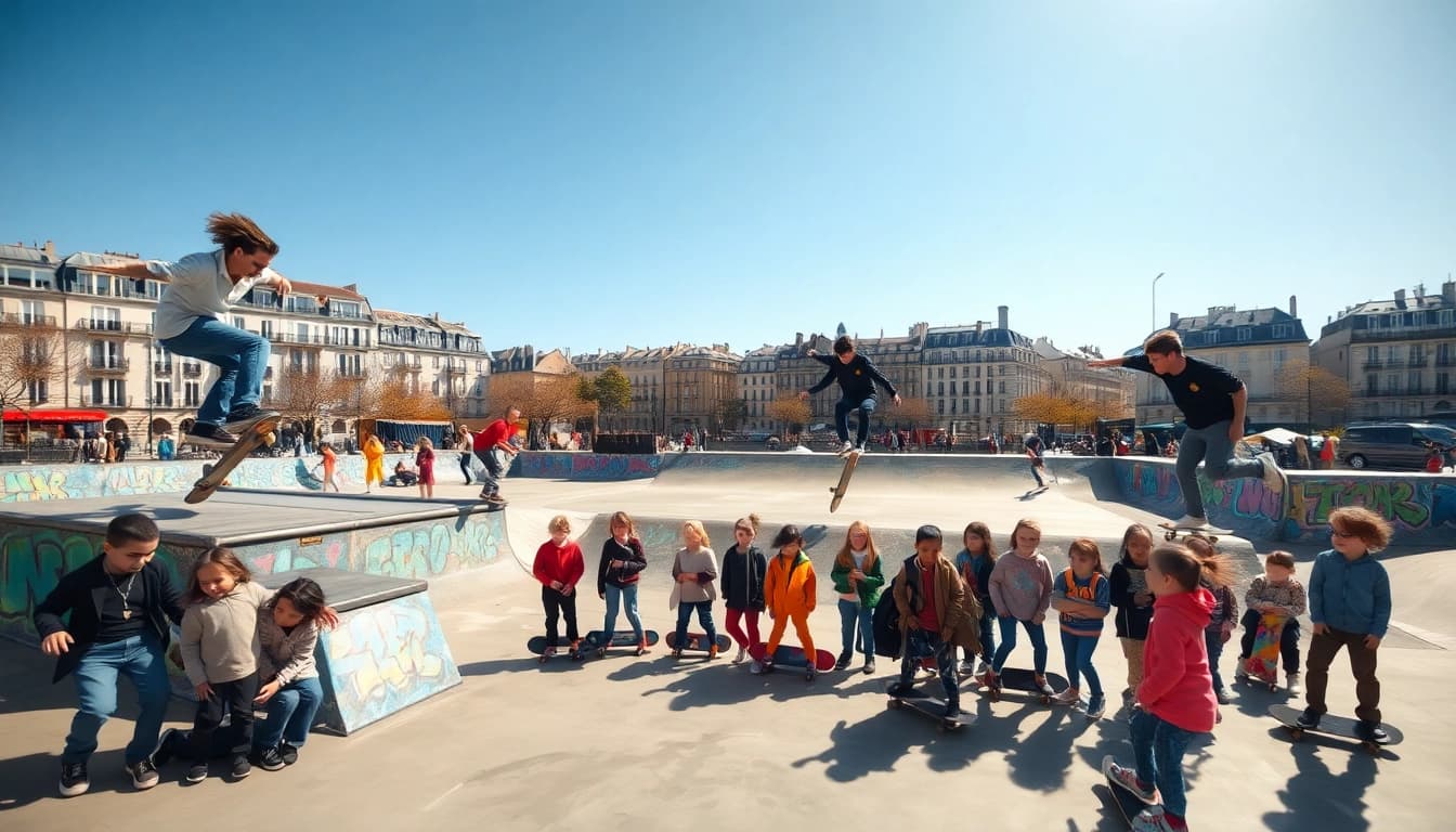 Engaged participants at a Stage de skate paris practice their skills in an urban park.