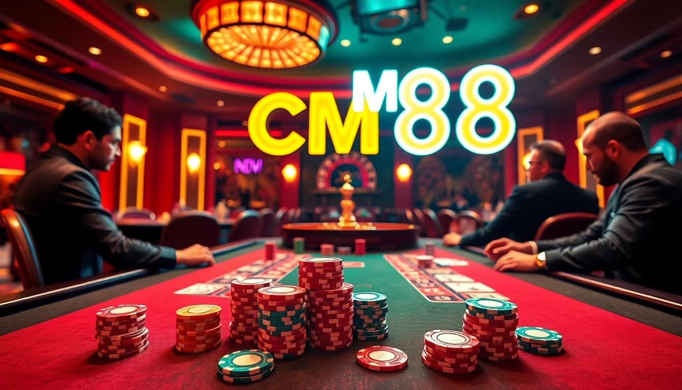 Exciting poker game at a luxurious casino showcasing CM88 themed gaming elements.